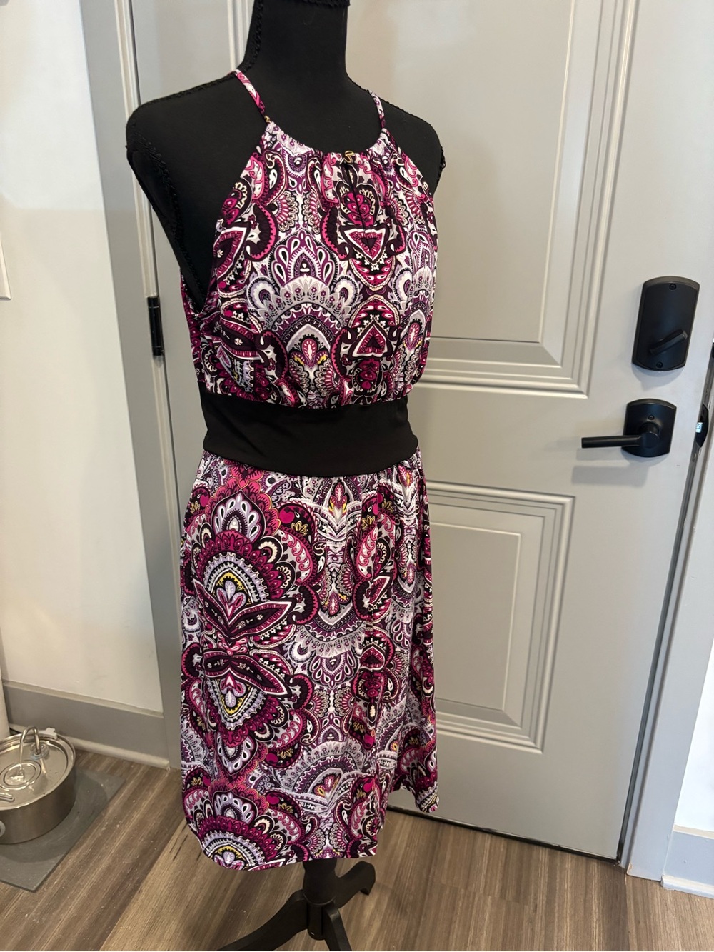 London Times Pink Paisley Halter Midi Skirt with Black Waistband
